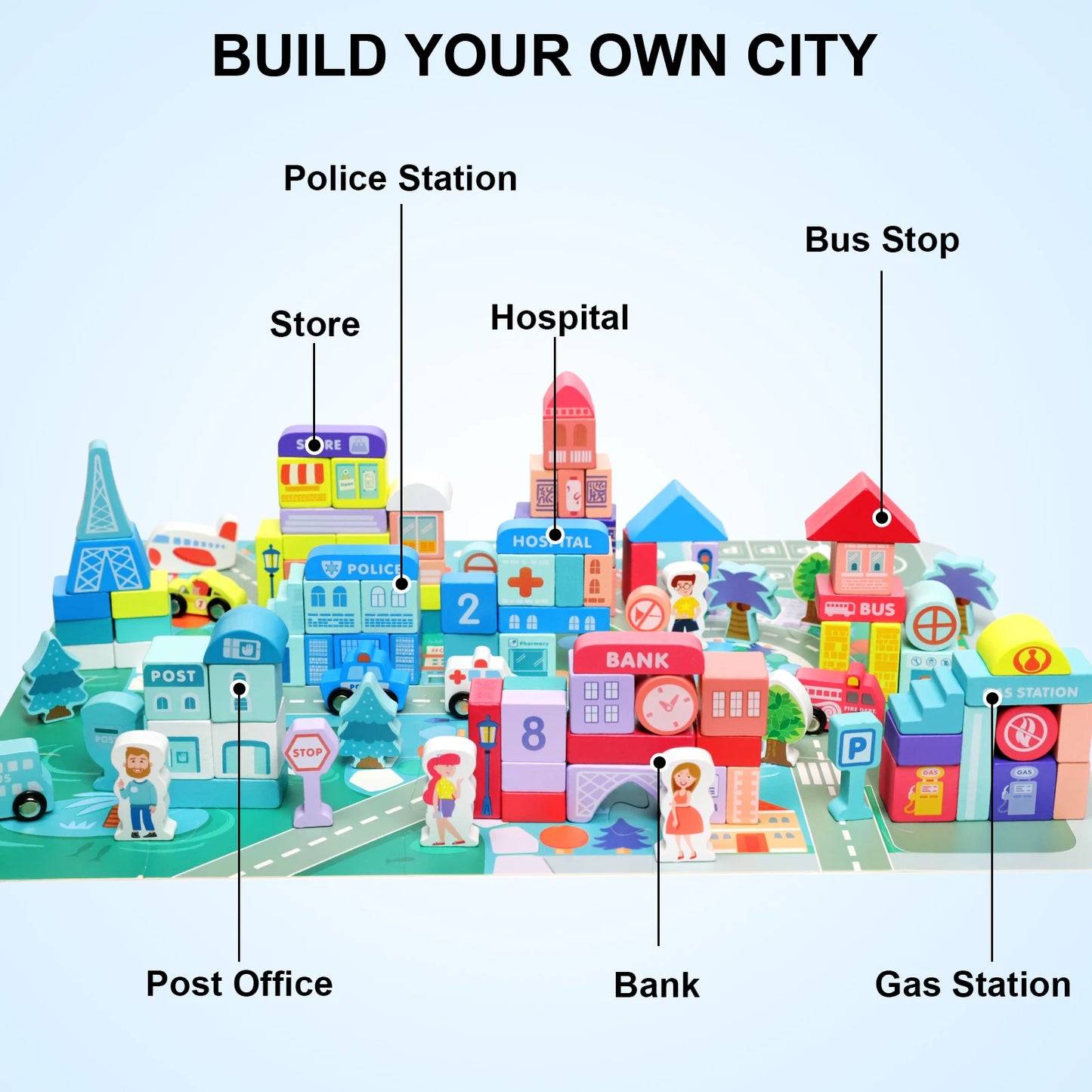 XIAPIA Wooden Building Blocks Set With City Map Toddlers