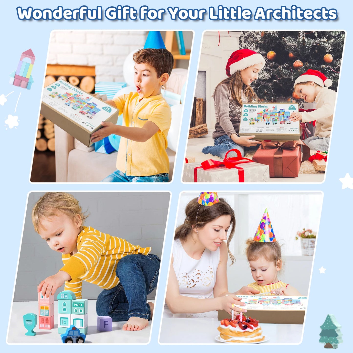 XIAPIA Wooden Building Blocks Set With City Map Toddlers