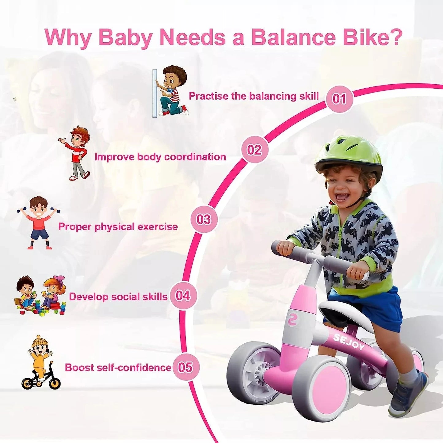 SEJOY Baby Walker Balance Bike Four Wheel Ride On Toy