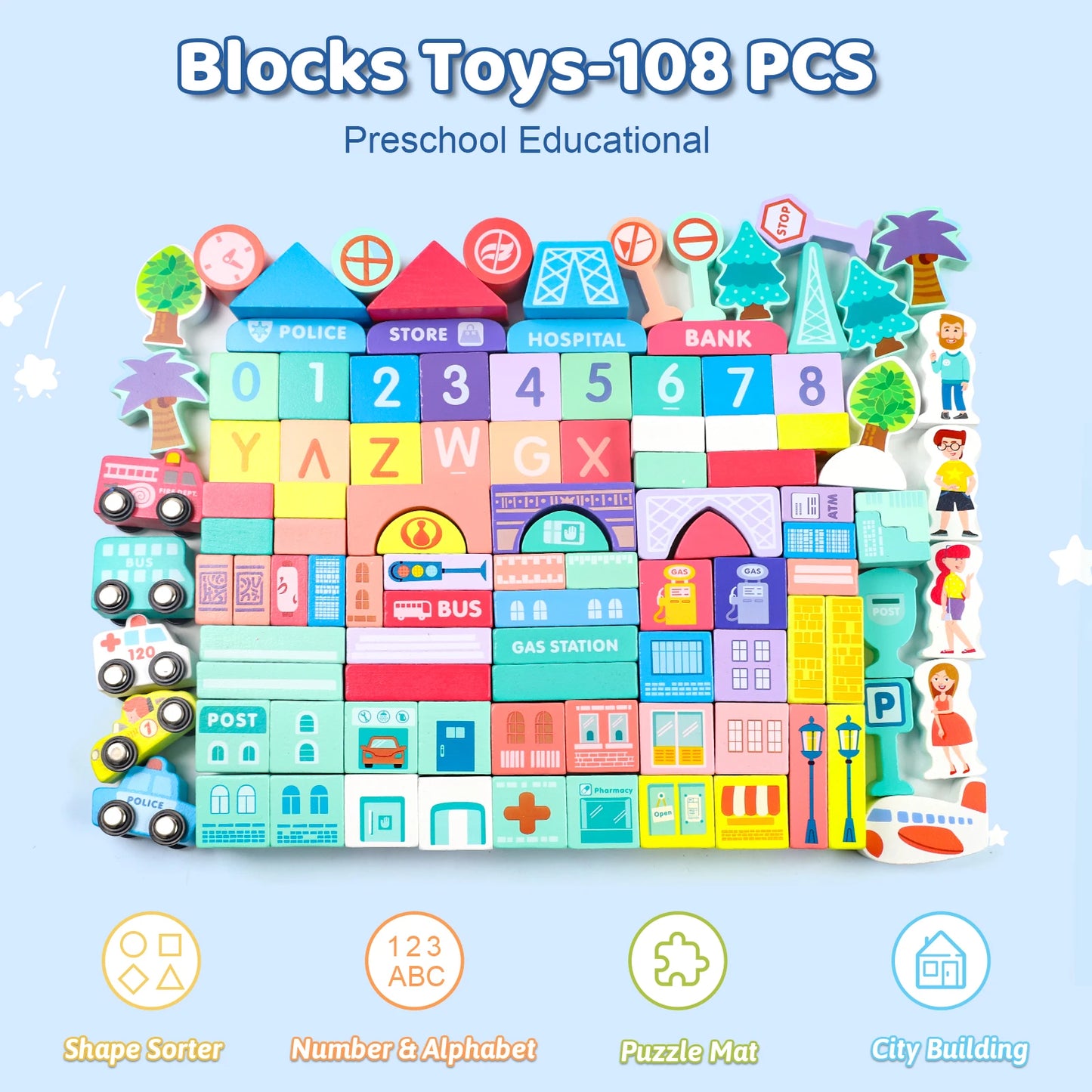 XIAPIA Wooden Building Blocks Set With City Map Toddlers