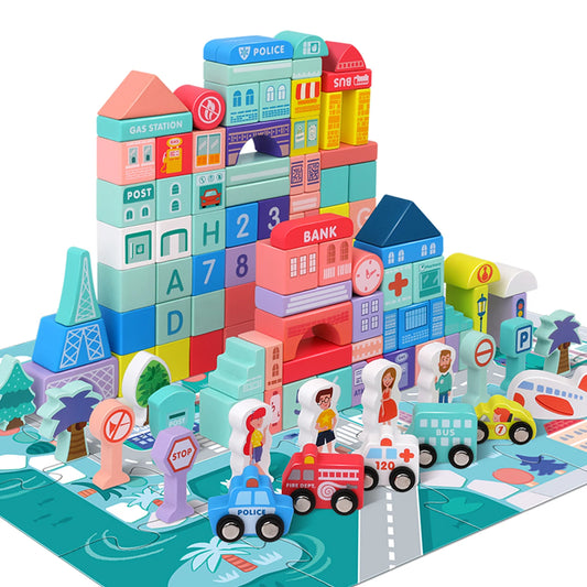 XIAPIA Wooden Building Blocks Set With City Map Toddlers