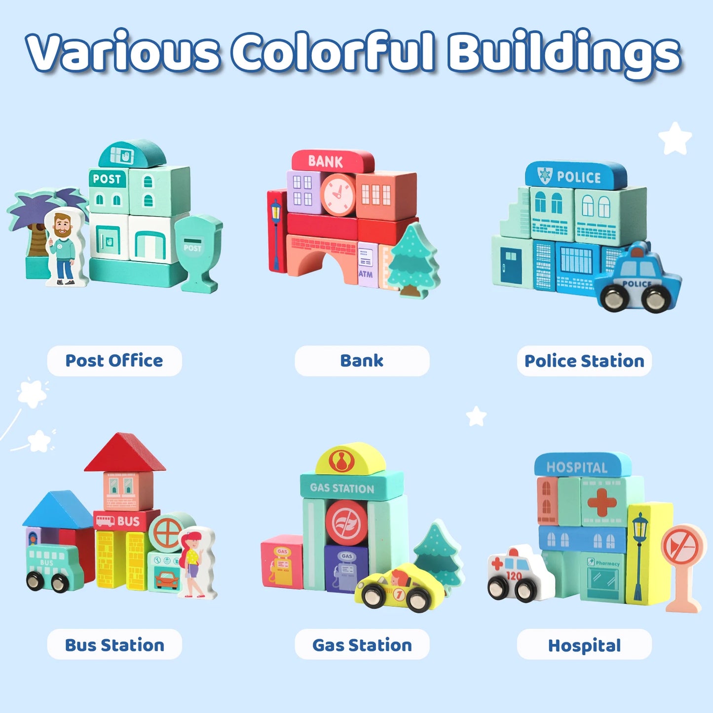 XIAPIA Wooden Building Blocks Set With City Map Toddlers